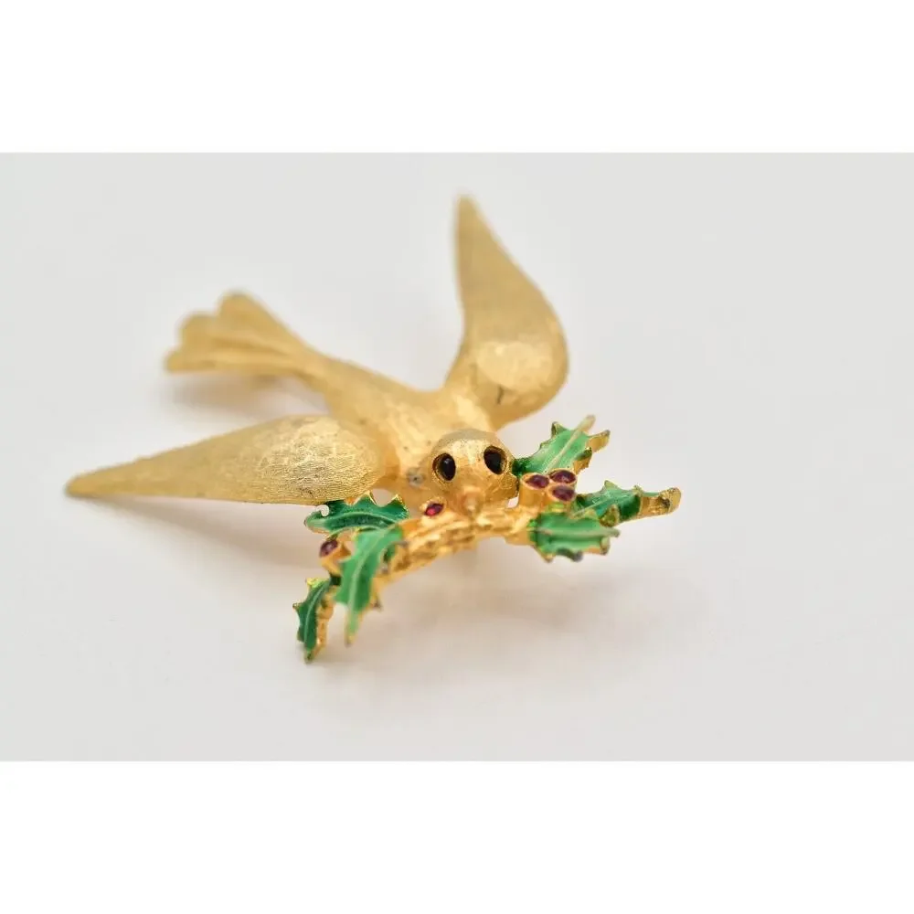Mylu Vintage Christmas Bird Pin Brooch Brushed Gold Holiday Signed 1950s BinBK